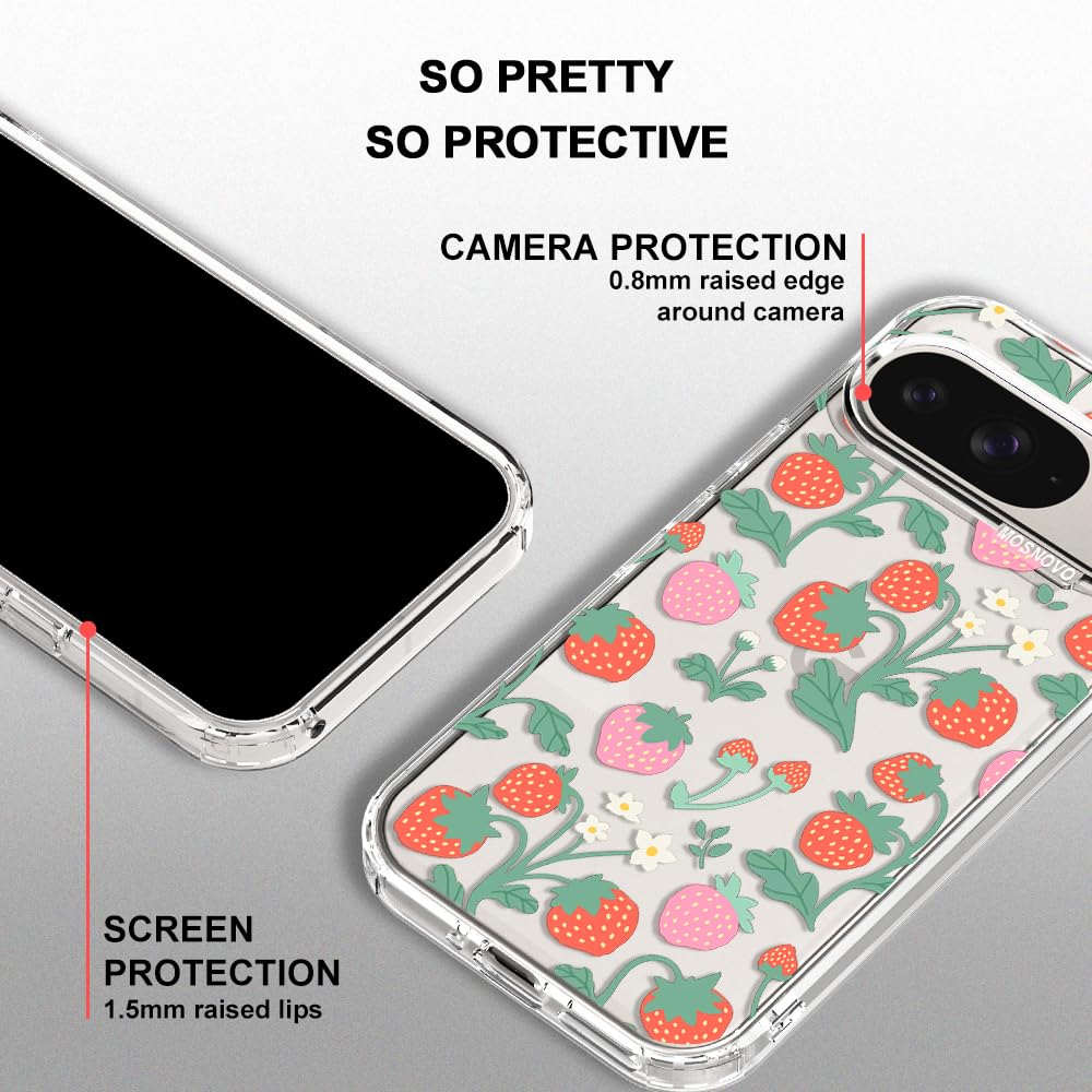 MOSNOVO Case for Google Pixel 9 & Pixel 9 Pro, [Buffertech 6.6ft Military-Grade Drop Protection] [Anti Peel Off Tech] Clear TPU Bumper Phone Case Cover Design - Strawberry Garden - 5