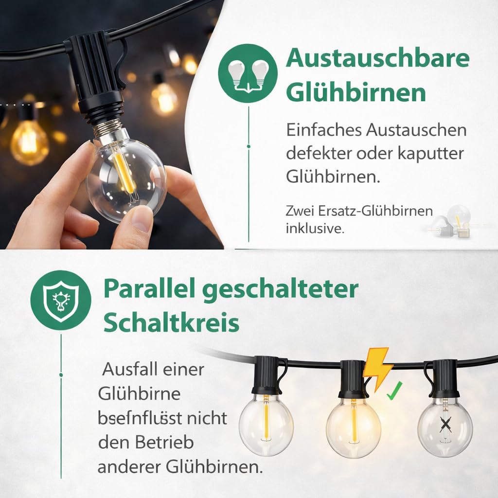 Cadena de luces LED para exteriores, 20 m, con enchufe, 48 bombillas G40 (2 bombillas de repuesto), 2700 K, blanco cálido, IP65, resistente al agua y extensible para terraza, jardín y fiestas