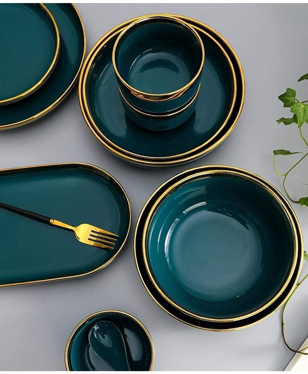 Talerze Miska w kolorze zielonym ze złotą obwódką Zestaw ceramicznych zastaw stołowych, ceramiczny zestaw obiadowy Zestaw porcelanowych zastaw stołowych, 18-częściowy zestaw