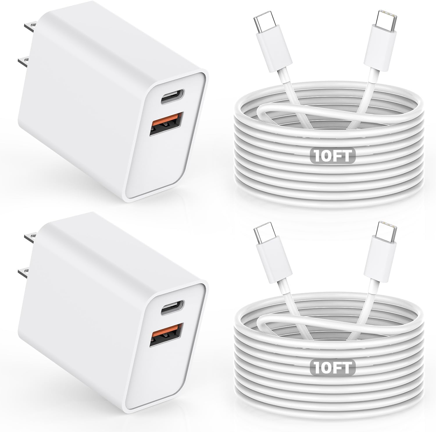 10FT iPhone 16e Fast Charger,2Pack 20W Dual Port USB C+A Power Adapter 10Foot Long USB C to C Fast Charging Cable Cord Quick Charging for iPhone 16e/16/16 Pro/15/15 Pro/Pro Max/Plus,iPad Pro/Air/Mini