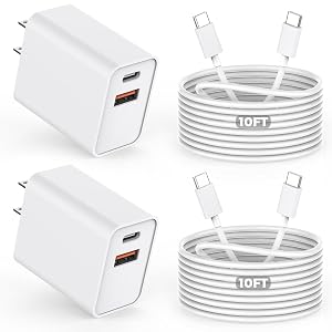 10FT iPhone 17 16e Fast Charger 2Pack 20W Dual Port USB C A Power Adapter 10Foot Long USB