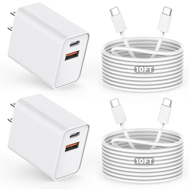 10FT iPhone 17 16e Fast Charger 2Pack 20W Dual Port USB C A Power Adapter 10Foot Long USB