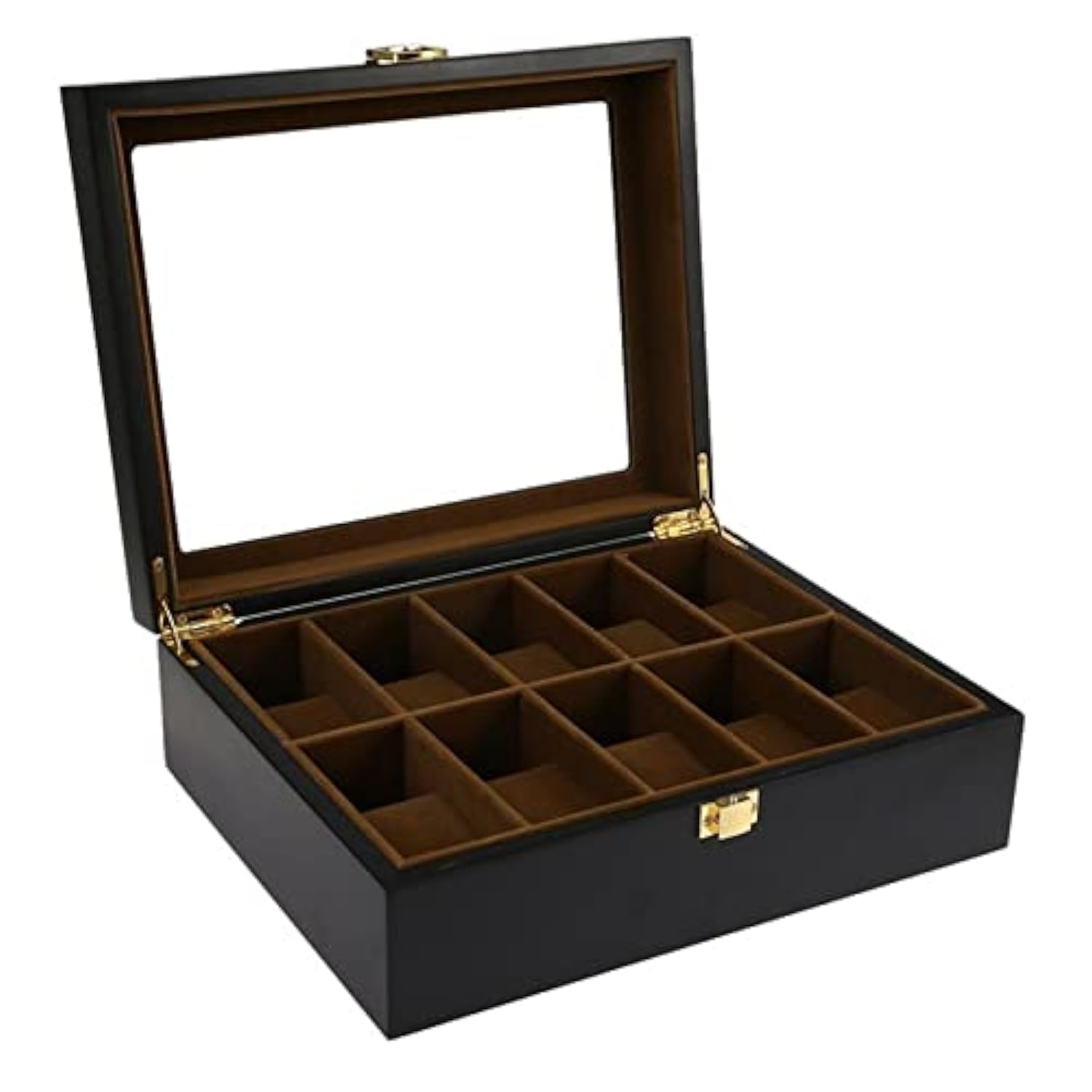 HVMBEUGOS Watch Storage Box Watch Display Holder Case Solid Wooden Jewelry Bracelet Collection Organiser with Glass Lid Black (10 Slots)