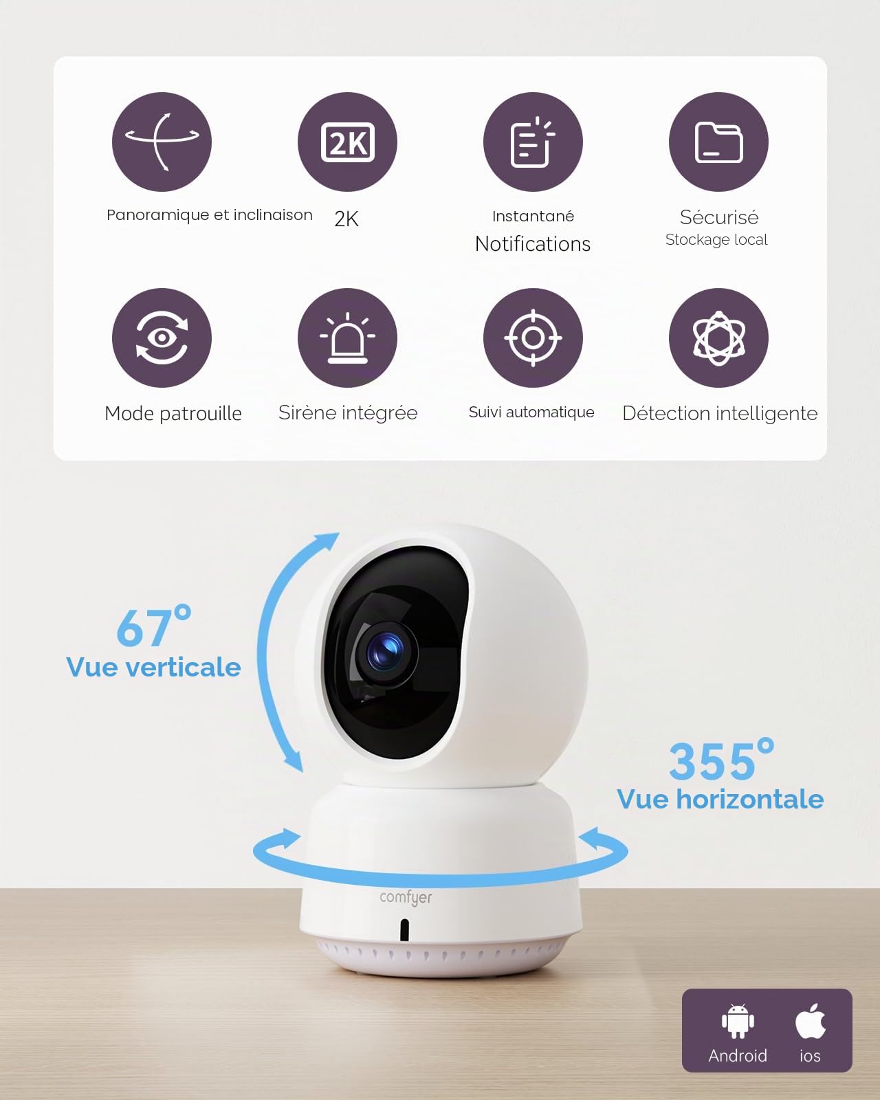 Comfyer Babyphone avec caméra 2K, Fonction Vox, capteur de température, Vision Nocturne, vidéo, 2,4 GHz, Veille Intelligente, interphone, berceuses, Longue durée de Vie de la Batterie