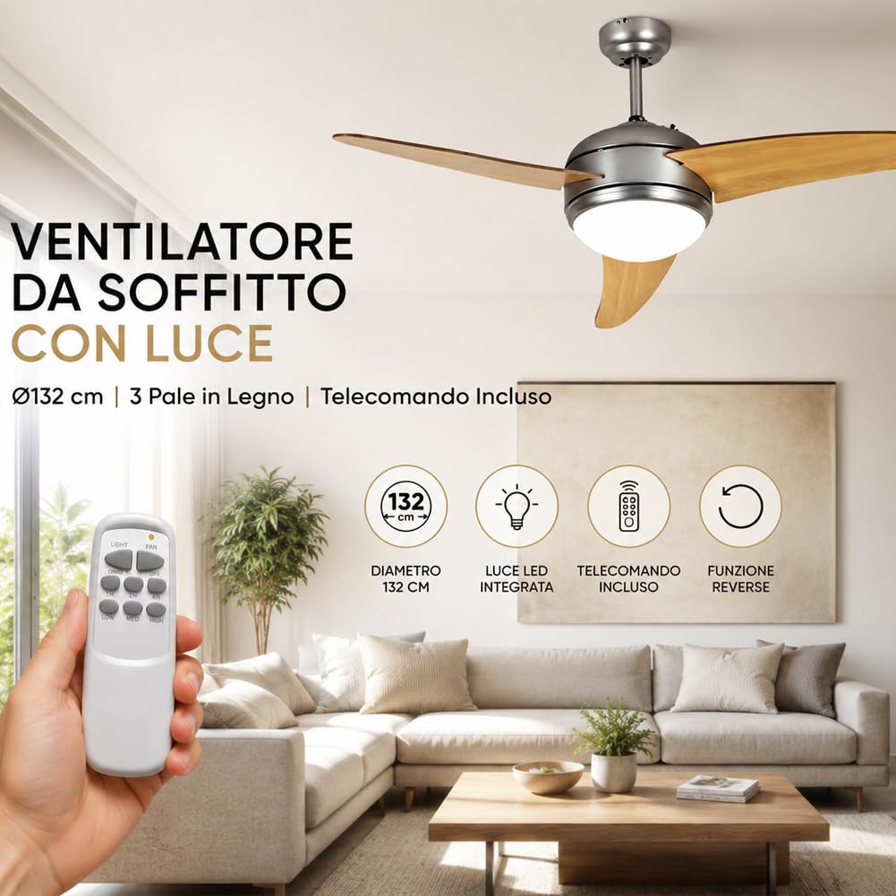 BAKAJI Ventilatore Lampadario da Soffitto 3 Pale in Legno con Lampada in Vetro Satinato 3 Velocità e Telecomando per Comando a Distanza Diametro 130cm Colore Silver e Legno Naturale