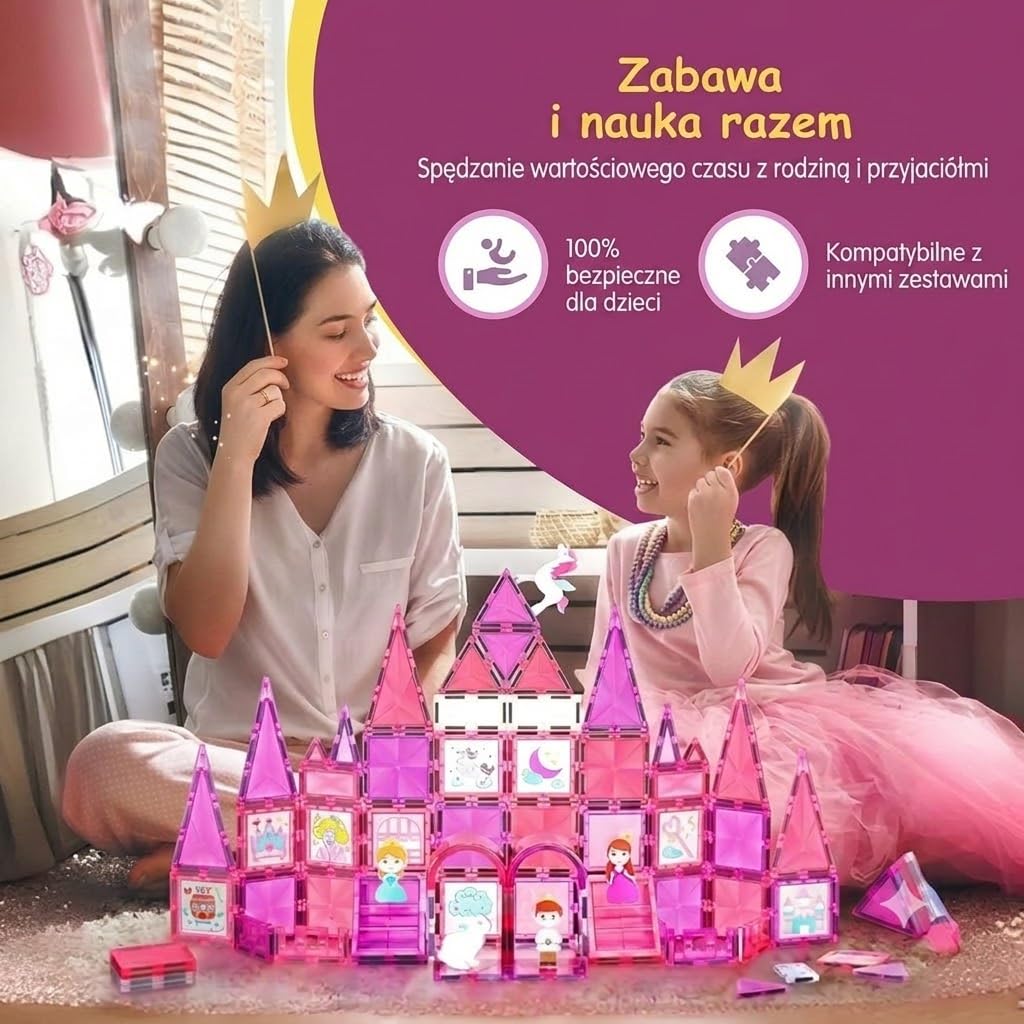 Olvy Klocki Magnetyczne Montessori 80 Elementów Księżniczka – Zabawka Edukacyjna dla Dzieci od 3 Lat – Magnetic Tiles