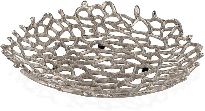 Modern Day Accents Coralino Decorative Coral Plate Cast Aluminum Openwork Centerpiece Tray, Elevated Design with Protective Feet, Nickel Plated Silver or EPL Gold Finish