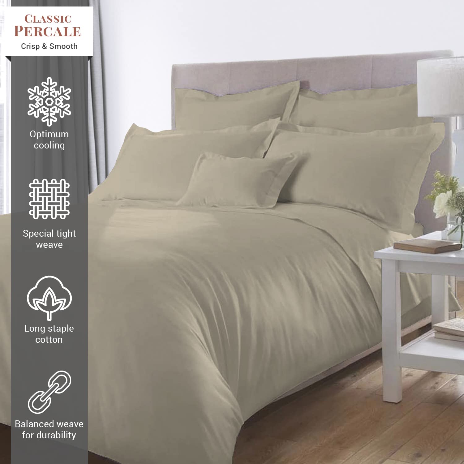 Pizuna Simply Taupe Cotton Percale Duvet Cover Super King Size 260x220 - Image 2