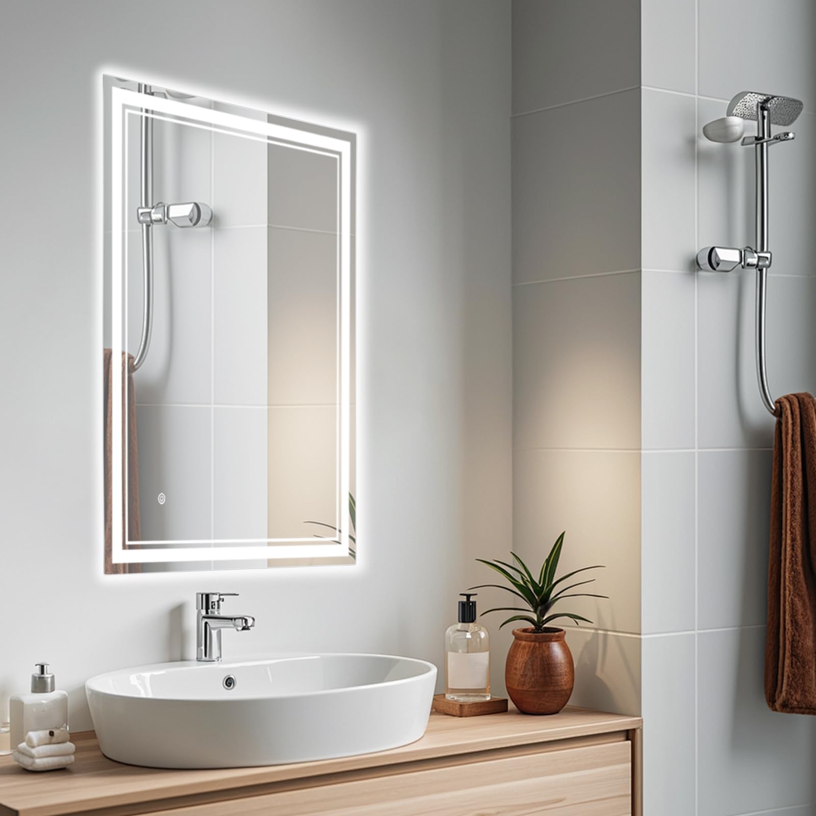 Espejo de baño LED, 90 x 70 cm, espejo de pared, interruptor táctil, 3 colores de luz, espejo de luz, regulable, 3000 K, 4000 K, 6000 K, IPX4, resistente al agua, espejo de baño eléctrico, con