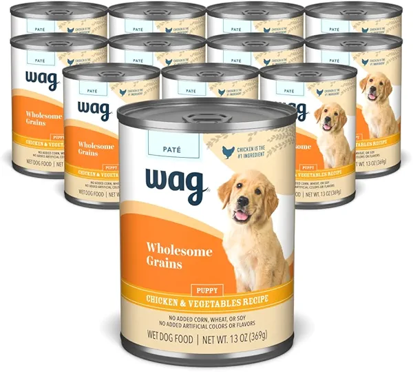 Amazon Brand - Wag Wholesome Grains Canned Wet Dog Food, Chicken & Vegetables Paté, Puppy Recipe, 13 Ounce (Pack of 12)