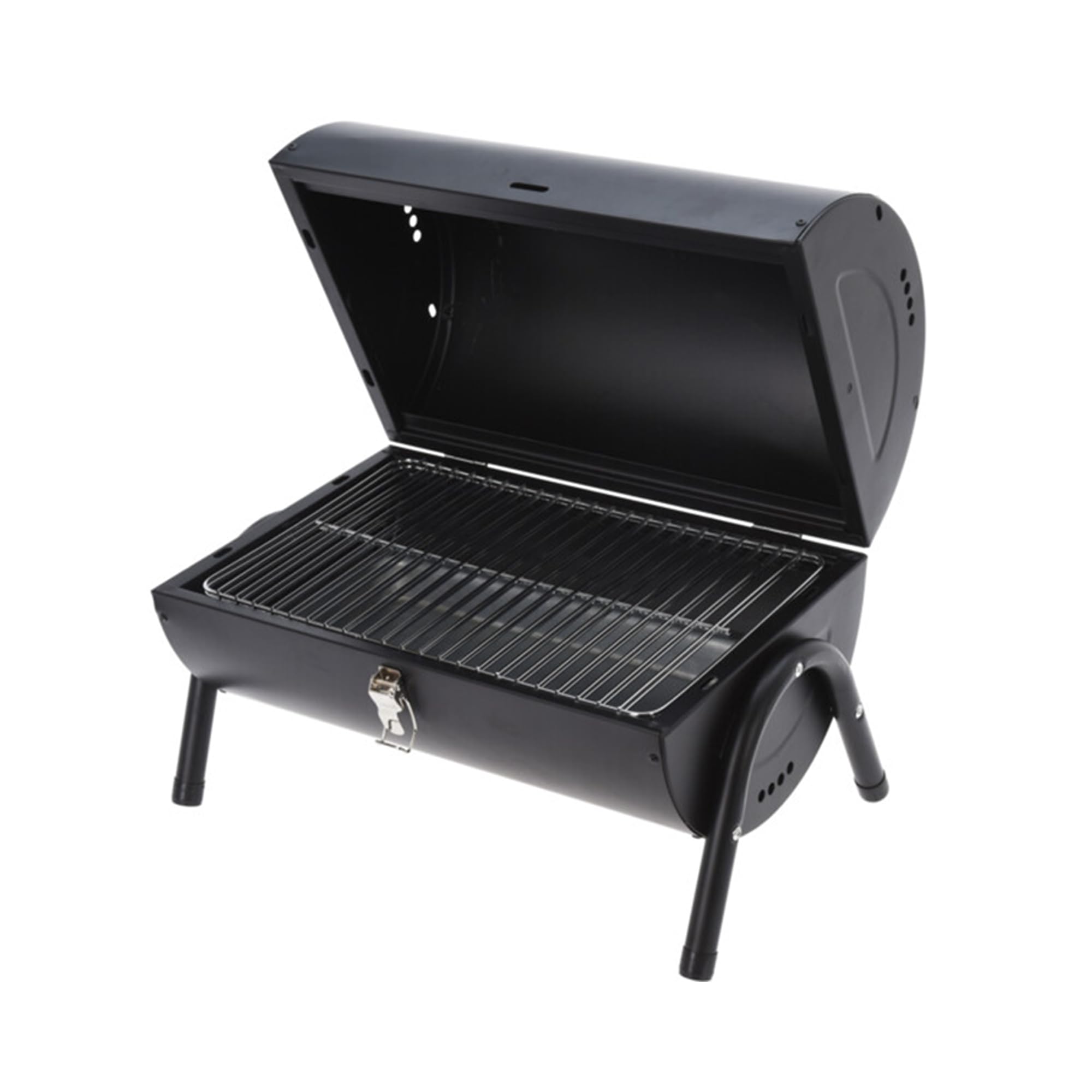 Barbacoa cilindro de metal negro mate con mango de madera y patas metálicas - Incluye 2 rejillas y 2 placas metálicas 38x24,5cm