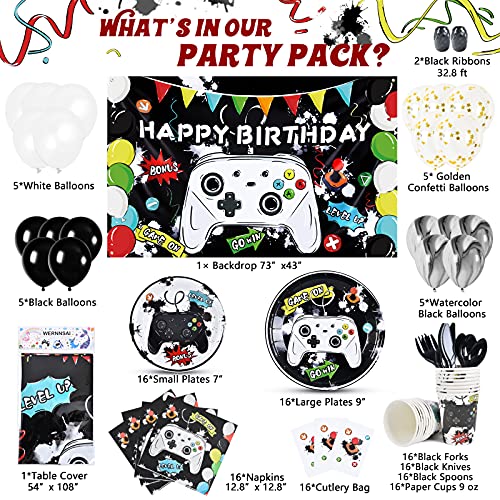 Wernnsai Watercolor Video Game Birthday Party Supplies - Game Theme Party Decorations For Boys Birthday Backdrop Balloons Plates Cups Napkins Tablecloth Cutlery Bags Tableware Set Serves 16 Guests 152 Pcs thumb #1