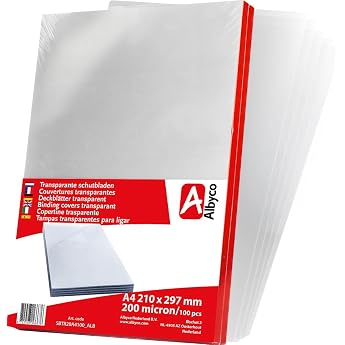 Albyco Clear Cover Cover PVC Cover Sheets Transparent Film DIN A4 210 x 297 mm 0.20 mm/200 Micron Glossy per 100 pieces