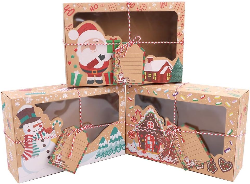 12 Pack Christmas Cookie Boxes with Clear Window - Xmas Party Supplies Present Boxes with Rope and Cards (22 x 15 x 7 cm) - Perfect for Giving and Packing