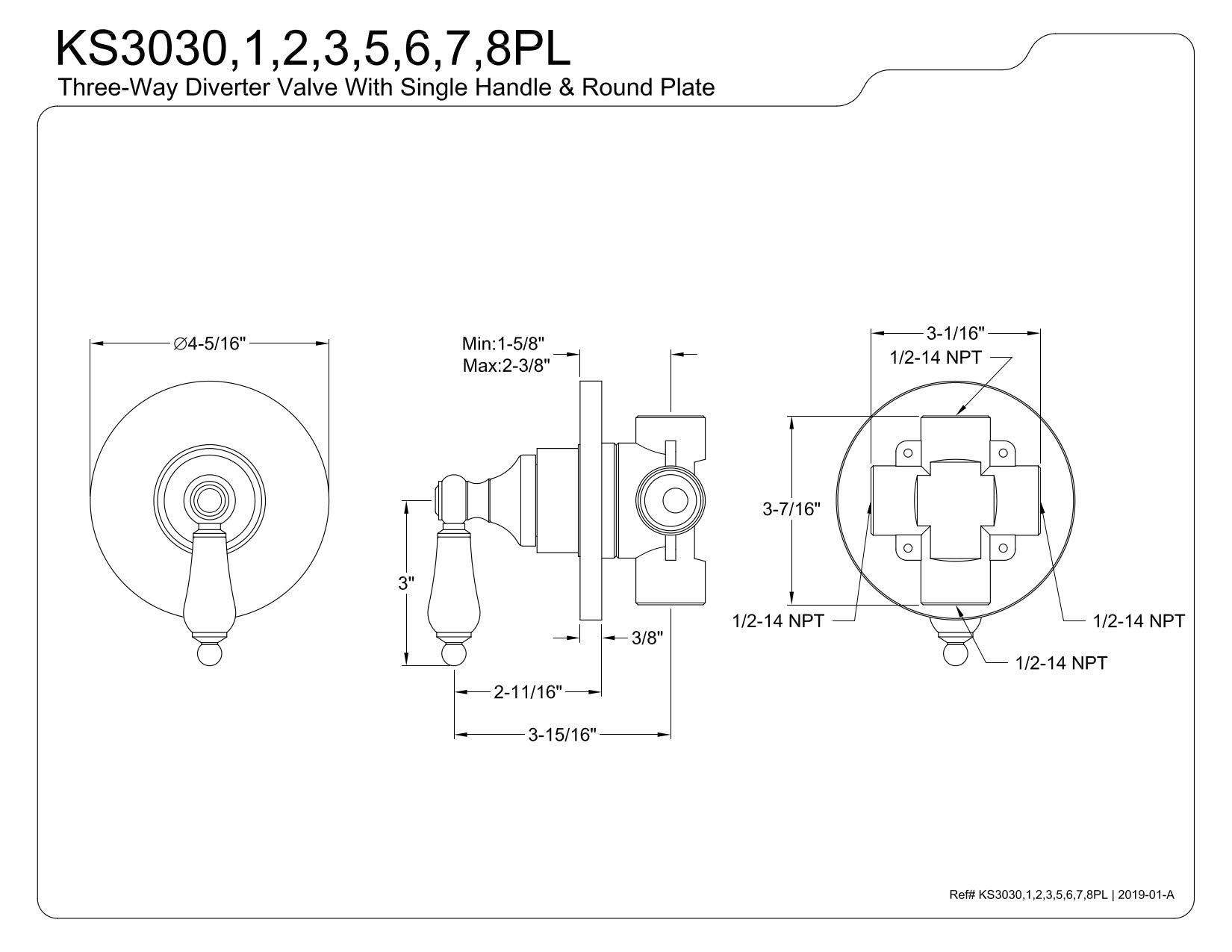 Kingston Brass KS3032PL Válvula desviadora de Tres vías con Kit de Ajuste, latón Pulido