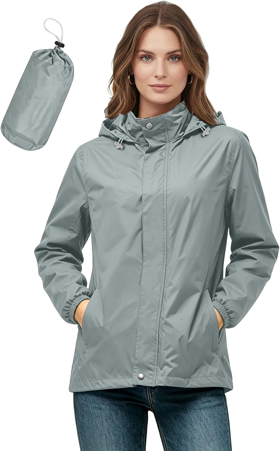 Women's Packable Rain Jacket Lightweight Waterproof Hooded Windbreaker with Storage Bag, Quick Dry Outdoor Coat