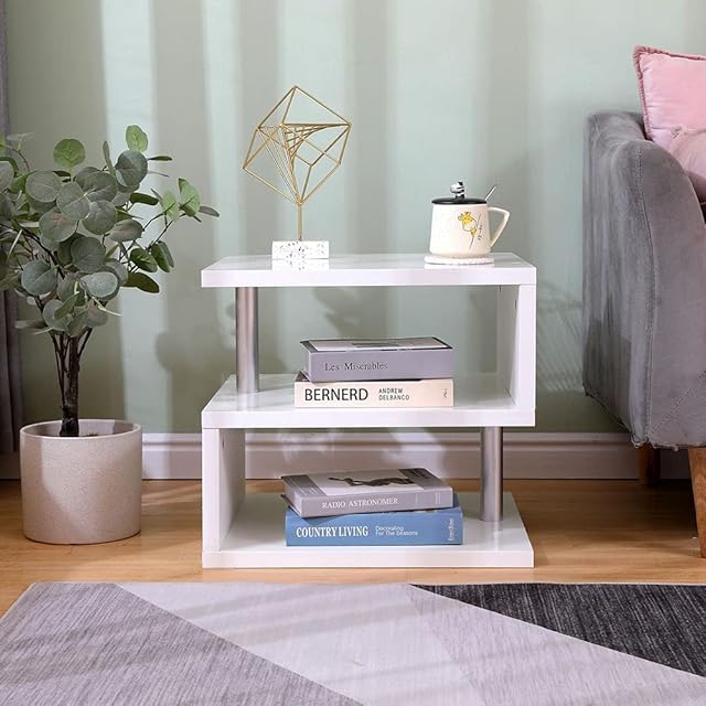 Homeke 2 Tier Storage S-Shape High Gloss Side Table w/LED Lights Modern Lamp Table Coffee Table,W50xD45xH45cm (High Gloss White)
