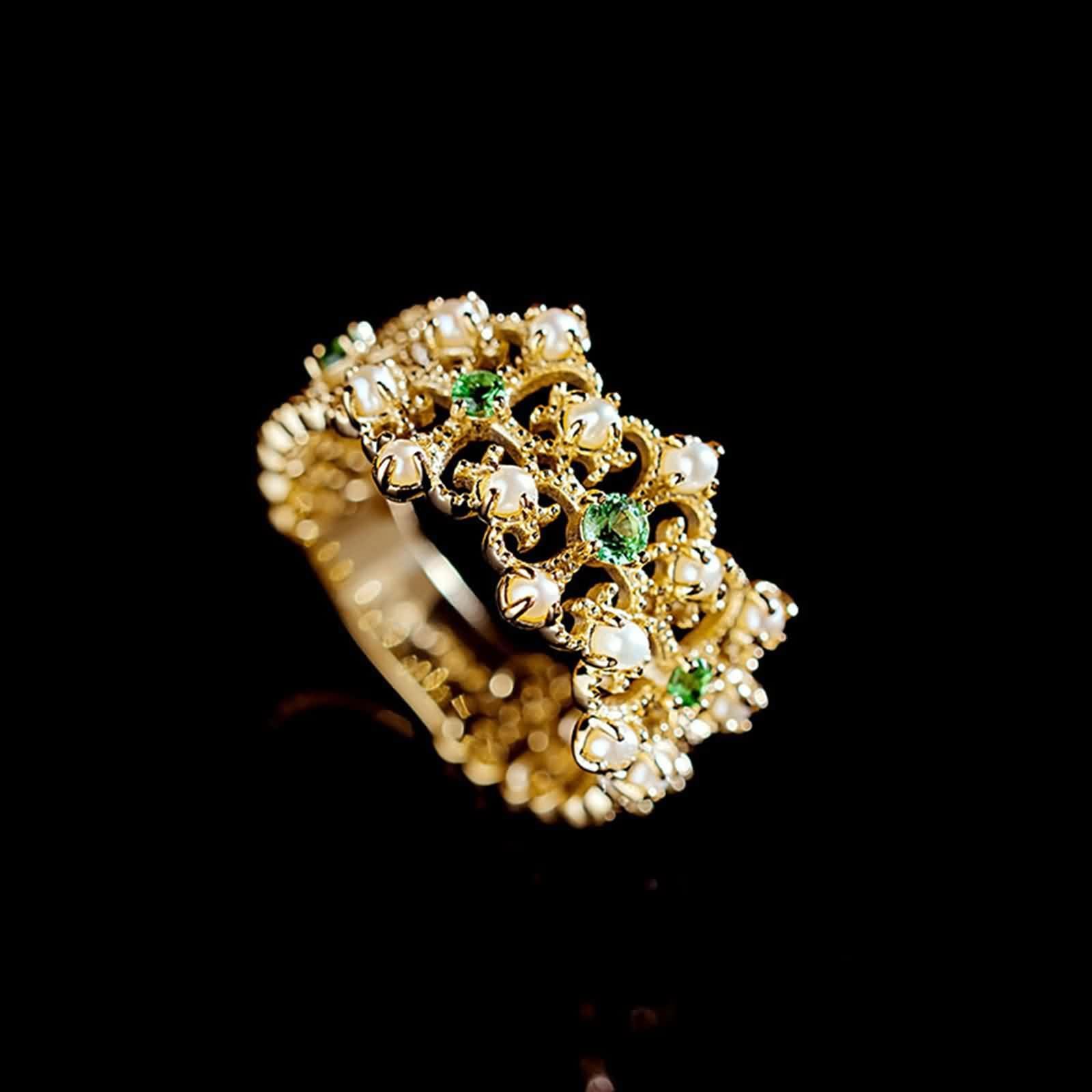 Anelli Fidanzamento Donna, Anello in Oro Giallo da Donna Fiore Cavo con tsavorite e Perle