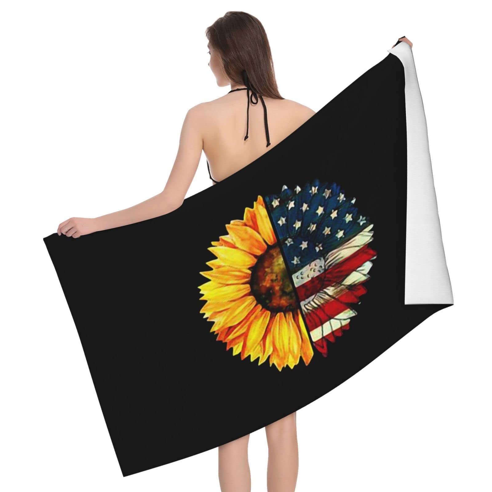 Sunflower American Flag Beach Towel Absorb Water Quick Dry Bath Towel, for Beach, Swimming Pool, Camping