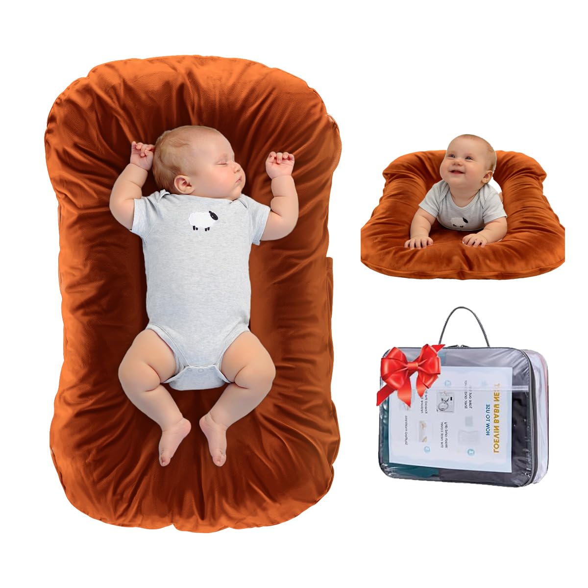 Baby Lounger for Newborn (0-24 Months), 100% Breathable Cotton Baby Nest, 3-in-1 Infant Lounger & Play Mat & Diaper Changing Pad, Portable for Home & Travel, Infant Essentials Gifts (Coffee)