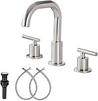 Vista 13 de GGStudy Caño giratorio de 360°, 2 asas, 3 agujeros, 8 pulgadas, grifo de lavabo de baño de oro cepillado a juego con drenaje desplegable