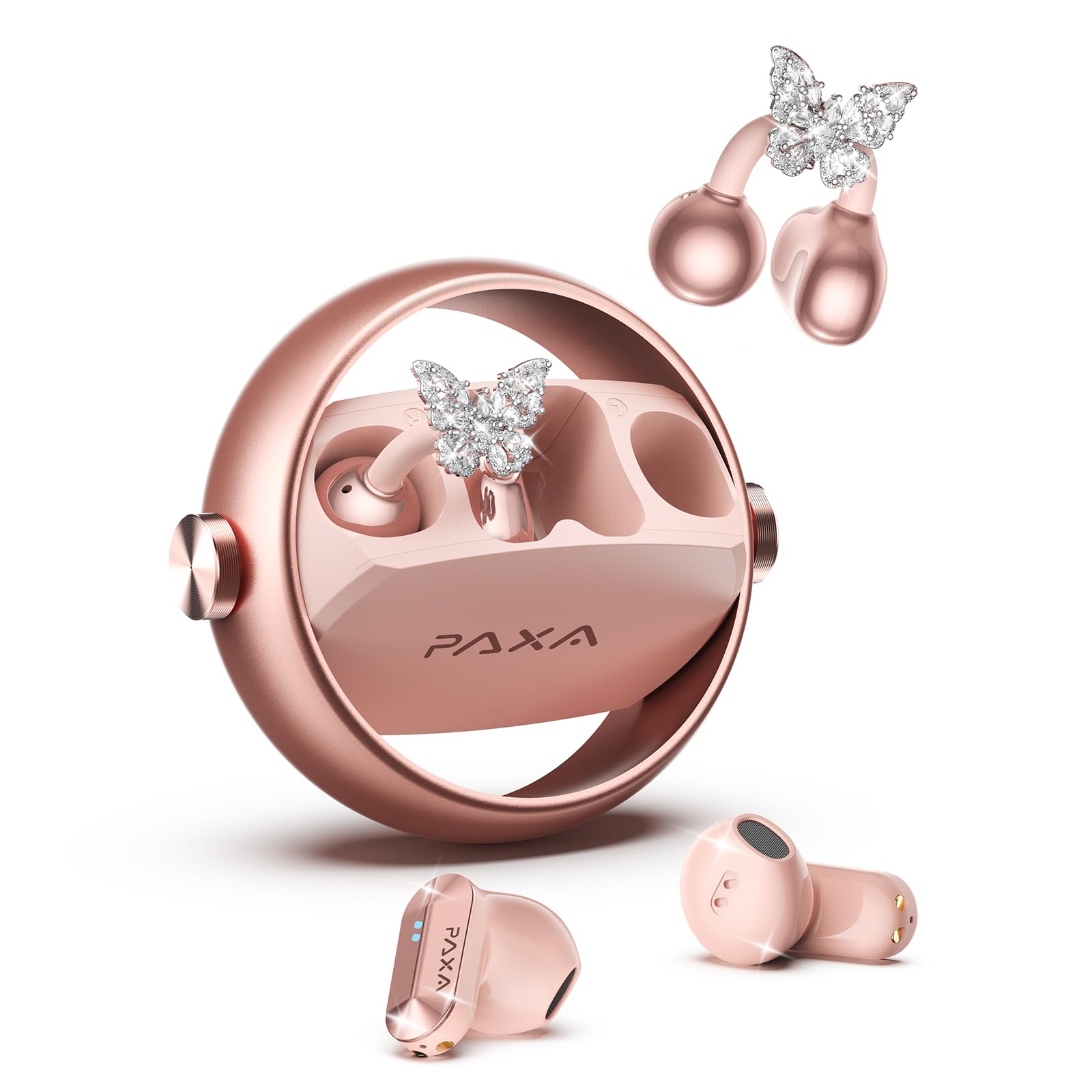 PAXA 3 en 1 Écouteurs Bluetooth sans Fil – Écouteurs avec Clip Bijou Amovible, Open-Ear Sport Écouteurs Wireless Earbuds 140H d'Autonomie, Bluetooth 6.0, IPX5 pour Runing Cyclisme, Ctbuds Rose Gold