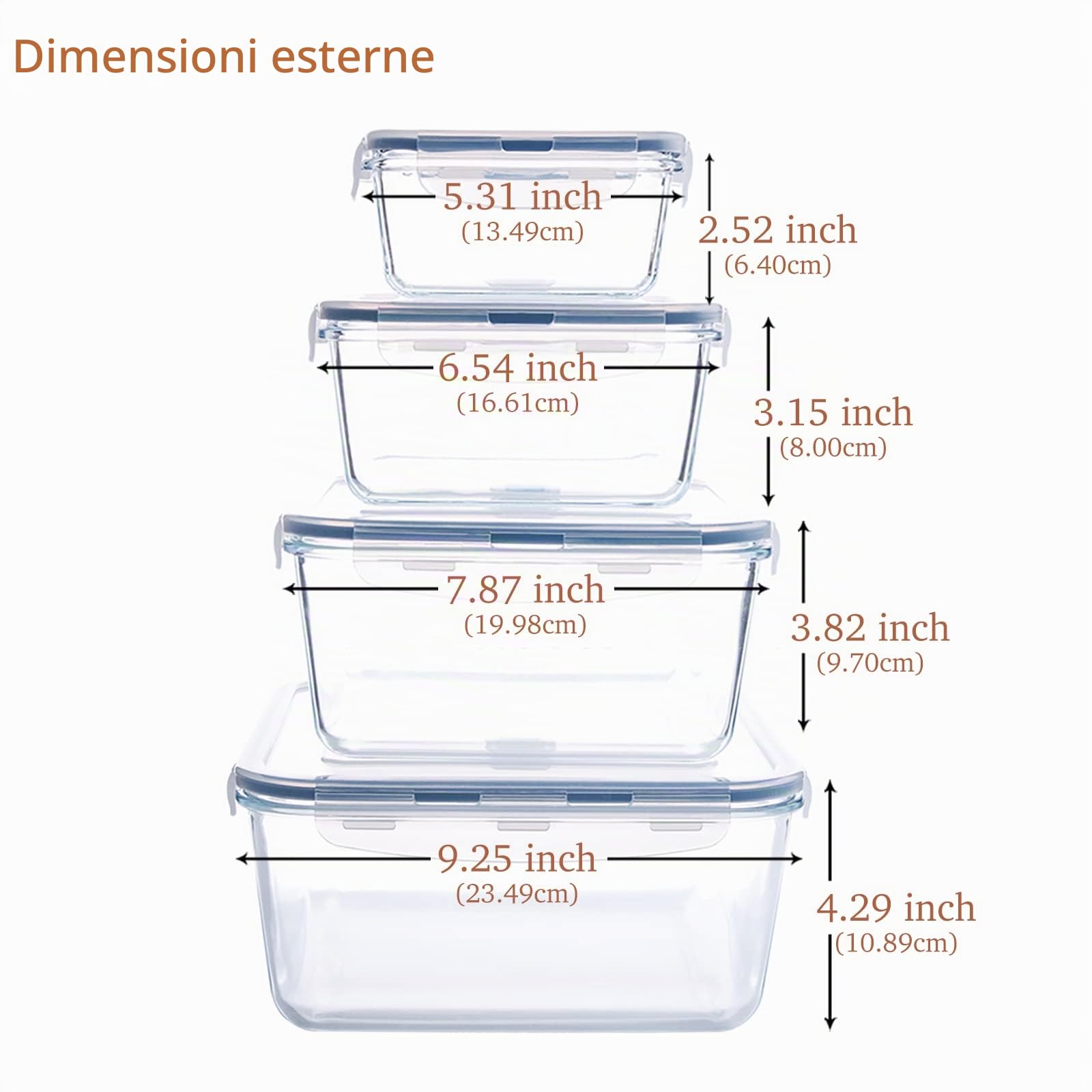 Grandi Contenitori per alimenti in vetro, con coperchi 8 pezzi (4 contenitori + 4 coperchi) - senza BPA, ermetici - adatti per microonde, lavastoviglie e forno (Quadrato)