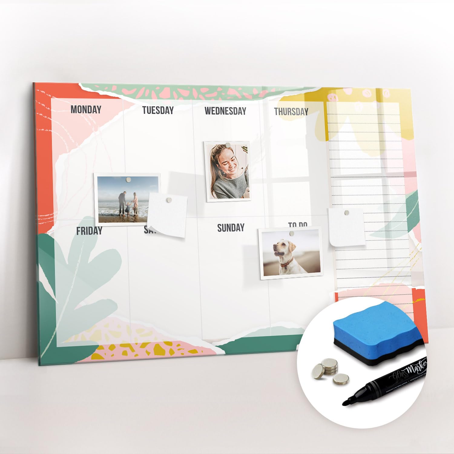 Lavagna Magnetica Elegante in Vetro | Kit Completo con Magneti Neodimio, Pennarello e Pulitore | Perfetta per Ufficio e Casa - 90x60 - Agenda settimanale base
