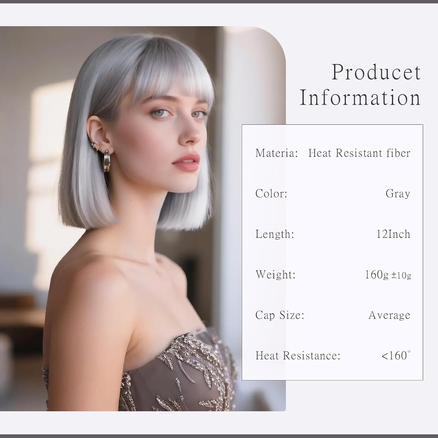 Gray Bob Wig with Bangs Short Straight Gray Wig for Women 13 Inch Heat Resistant Synthetic Fiber Wigs Natural Looking Colorful Bob Wig for Daily Use Halloween Party Cosplay