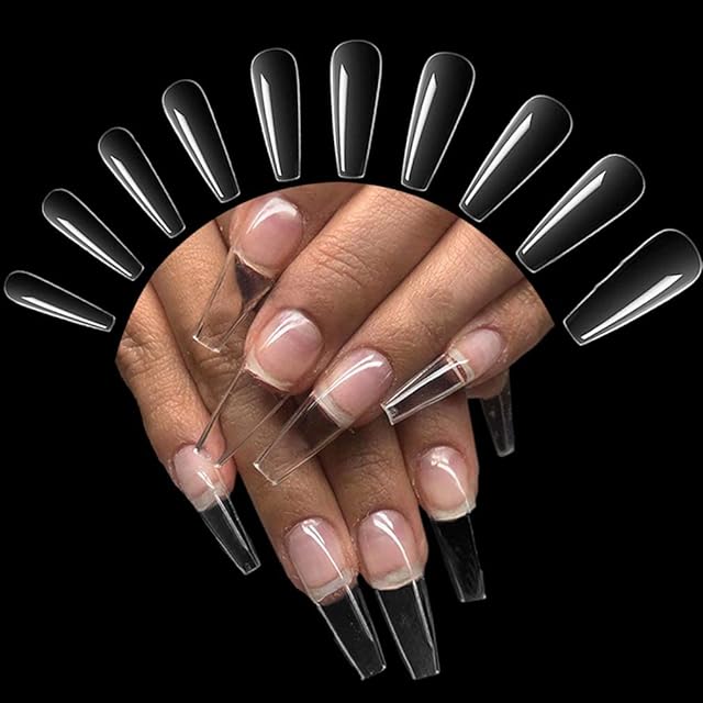 500 Pieces False Nails Tips for Acrylic Nails, Full Cover Fake Nail Extension Tips, Clear Coffin Acrylic Tips, Ballerina Nail Tips 10 Sizes