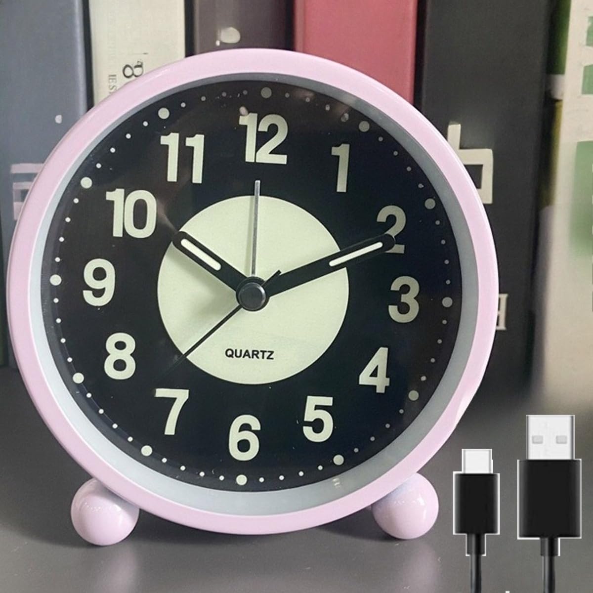 Ebilun Pink Rechargeable Silent Bedside Alarm Clock Non Ticking Glow-In-The-Dark Bedroom Clock Usb Rechargeable (Pink Rechargeable)