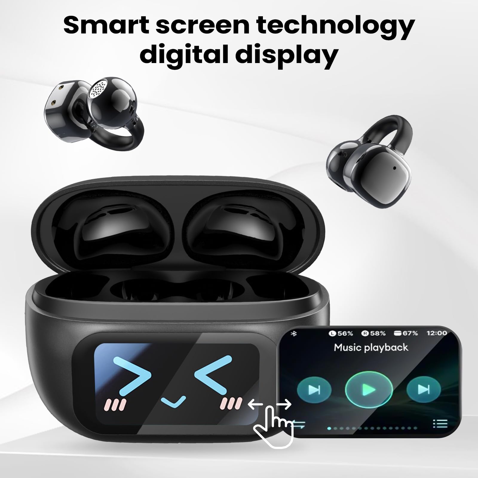 Alutoria Cuffie Auricolari Aperte, Touchscreen Intelligente Auricolare Con Clip, Cuffia Traduzione, 3.7g Ultraleggero Comfort, 65 ore di Riproduzione, Auricolari Open Ear Bluetooth 5.4, NERO