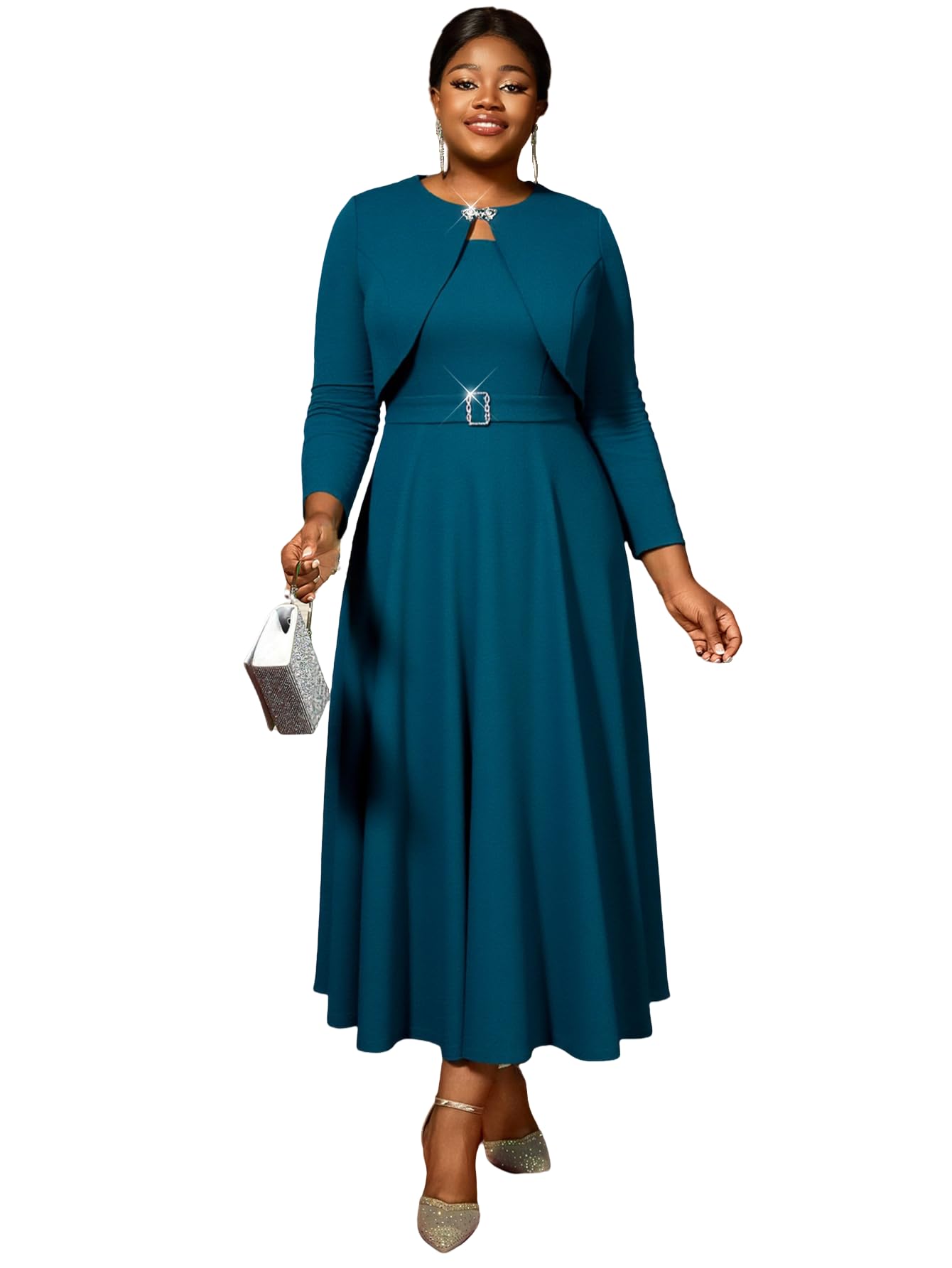 AOMEI Plus Size 2 Piece Dress Set Church Suits Long Sleeve Cropped Jacket and Sleeveless Midi Dress Business