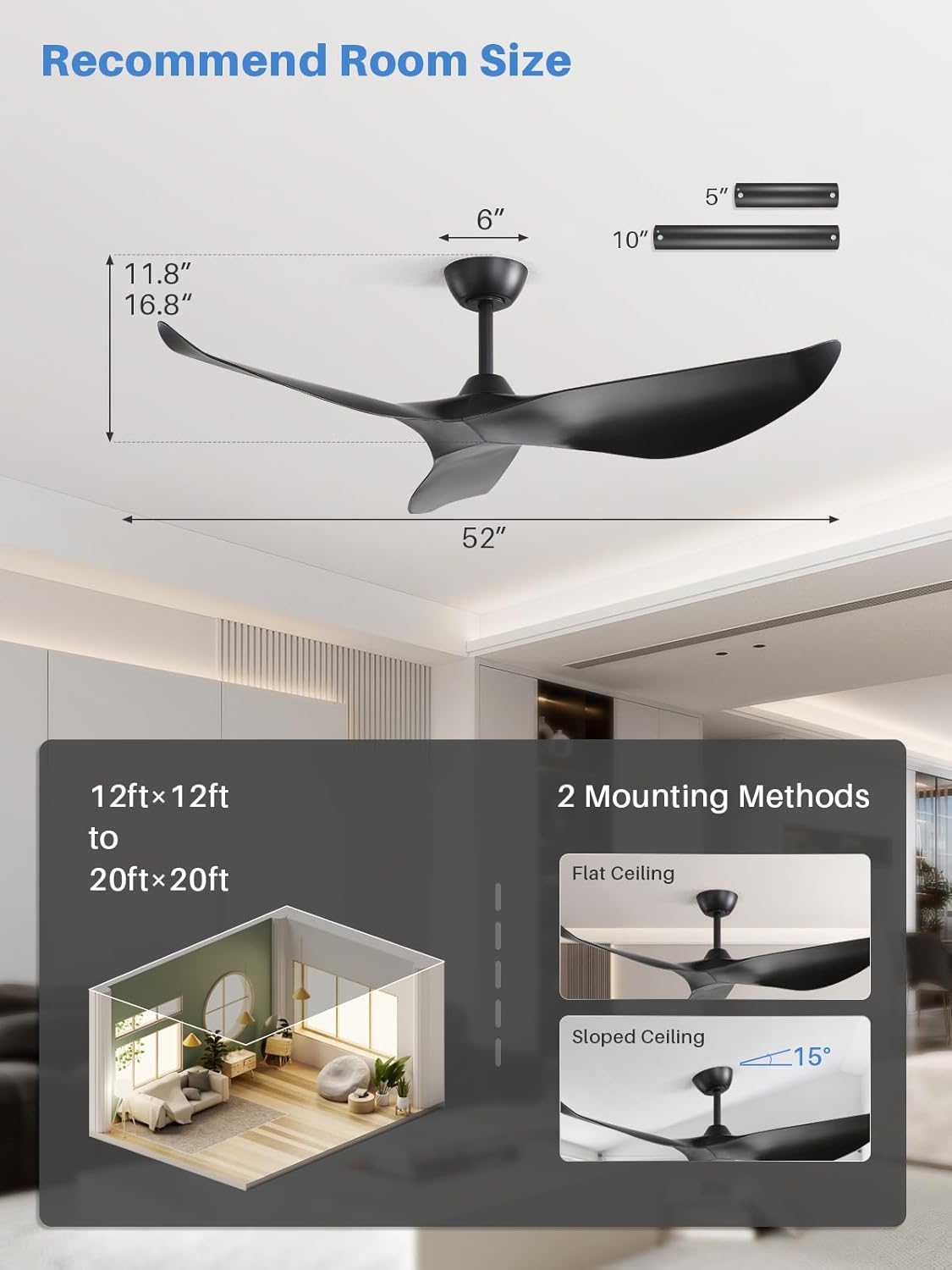 Sofucor 52 Inch Ceiling Fan No Light, Modern ABS Ceiling Fan with Remote Control, Quiet Reversible DC Motor, 6-Speed Noiseless Indoor Ceiling Fan for Bedroom Living Room Covered Patio Porch
