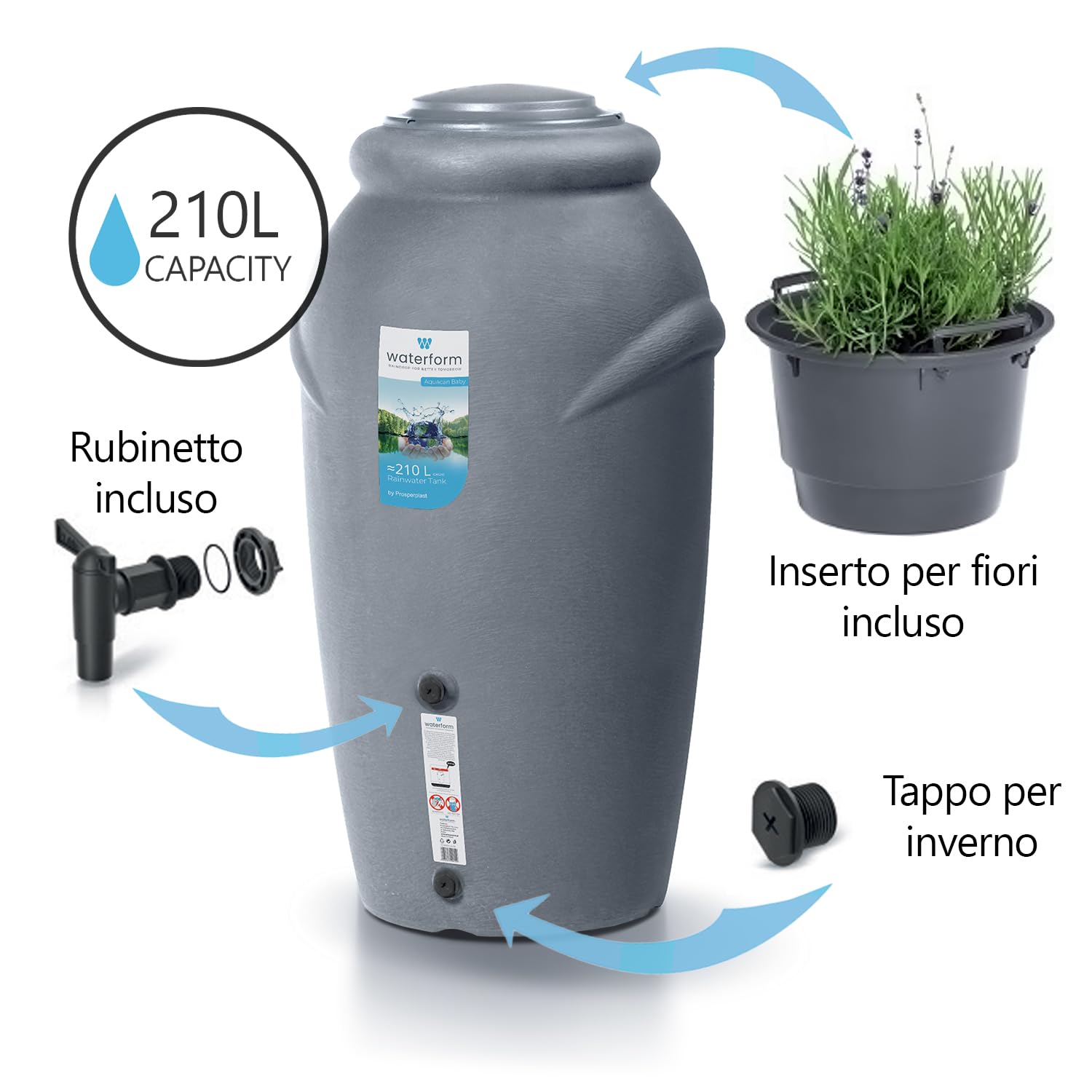 Serbatoio per Acqua Piovana Aquacan 210L | 56x59,9x118,3 cm | 2 Punti di Attacco | Incluso Inserto per Fiori Rubinetto e Sistema di Raccolta Acqua | Cisterna da Giardino | Colore Grigio Design Moderno