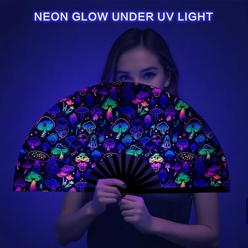 Miniatura 6 de Ravevibes Ventilador de mano plegable grande de 13 pulgadas, ventilador de bambú para festivales de bambú, ventiladores plegables con brillo UV para