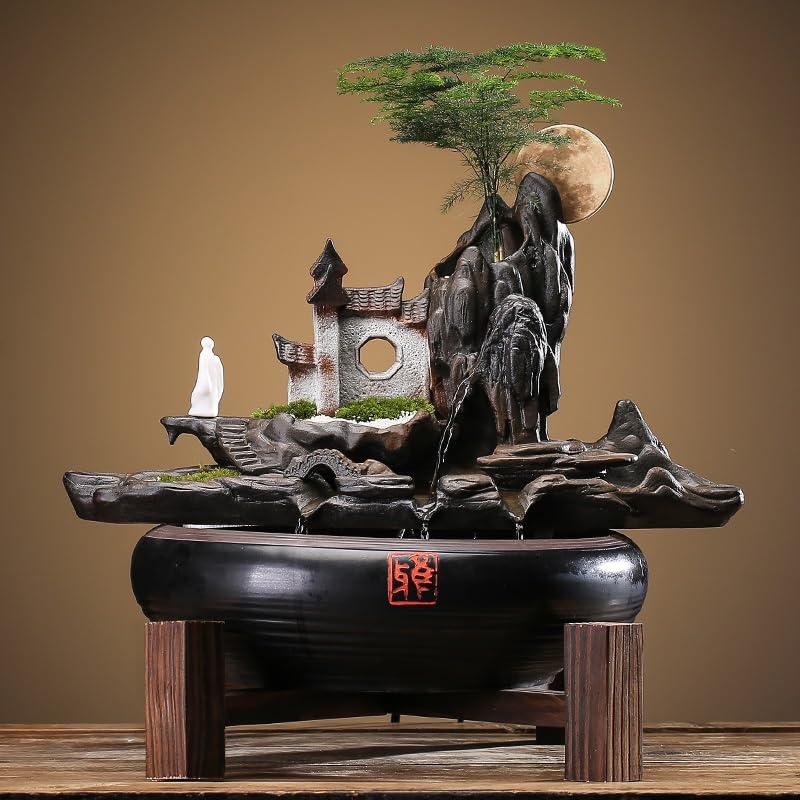 Fuentes de Agua de Interior Adornos de agua que fluyen, estilo chino, cerámica, decoración del hogar, humidificador, sala de estar, oficina, fuente de escritorio con rueda de Feng Shui Fuente de Mesa