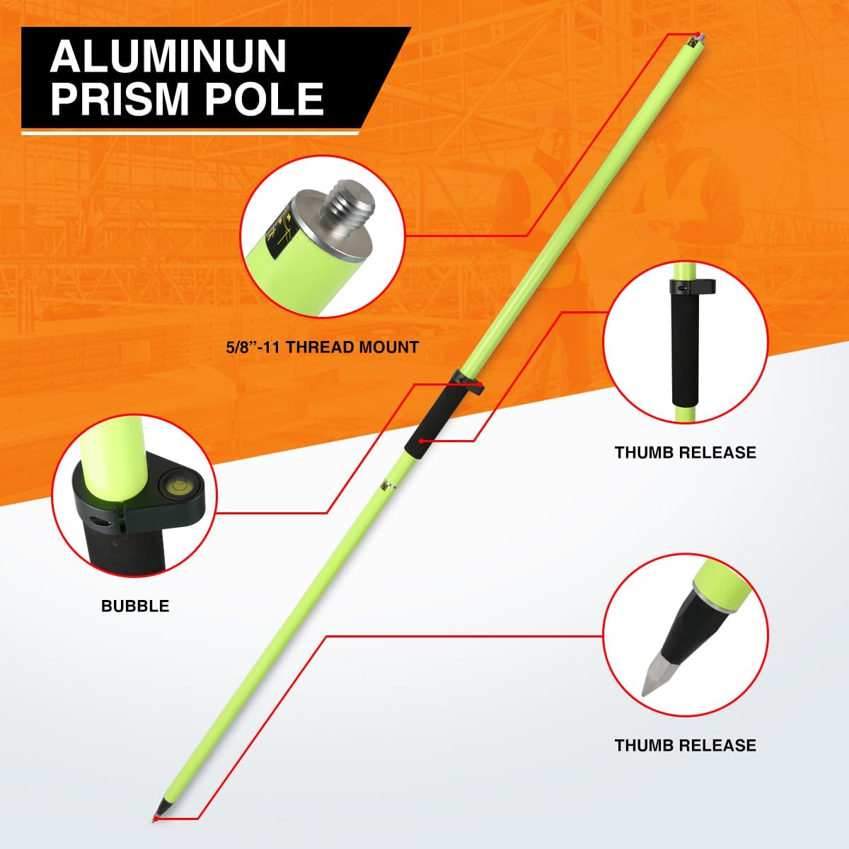 Mountlaser Aluminum GPS Rover Rod – 6.5FT/2M 2-Sections Design GPS Pole for Land Surveying & Engineering – RTK GPS/GNSS Accessory – Includes Level Vial & Carrying Bags (GLS220)