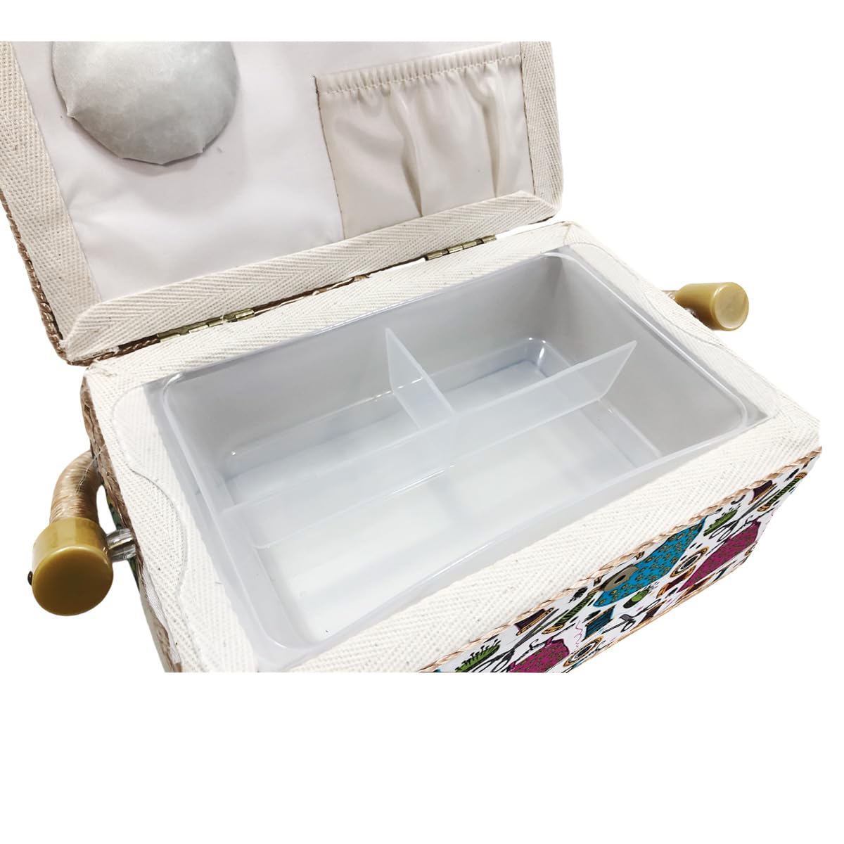 Small Empty Wooden Sewing Box, Fabric Lined Sewing Box with 4 Compartments, Organizer with Pin, Storage Box with Handle - Image 4
