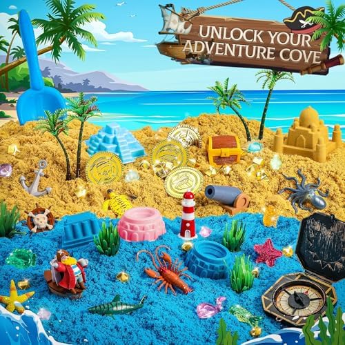 KNASON Piraten Schatzkiste Sand Toy Set Junge,Zaubersand Koffer mit 1KG Magic Toy Sand,im Dunkeln leuchtende Edelsteine und Karte,Rollenspiel Sandkasten Spielzeug für Kinder ab 3 4 5 6 7 8