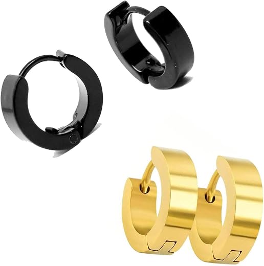 Shobhram 2 Pair Black Gold 316L Stainless Steel Studs Earring Bali Earrings for Men and Boys | Fashion Non Piercing Earrin...
