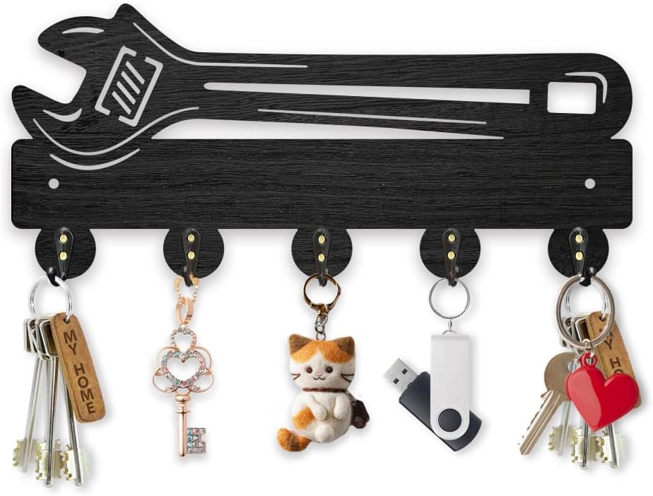 MAYJOYDIY Wrench Spanner Wooden Key Hook Tool Vintage Key Rack Hooks for Wall 11.8×5.3 inch Black Key Holder 5 Alloy Hooks Home Decor Gifts Entryway Kitchen Warehouse Storage Organizer