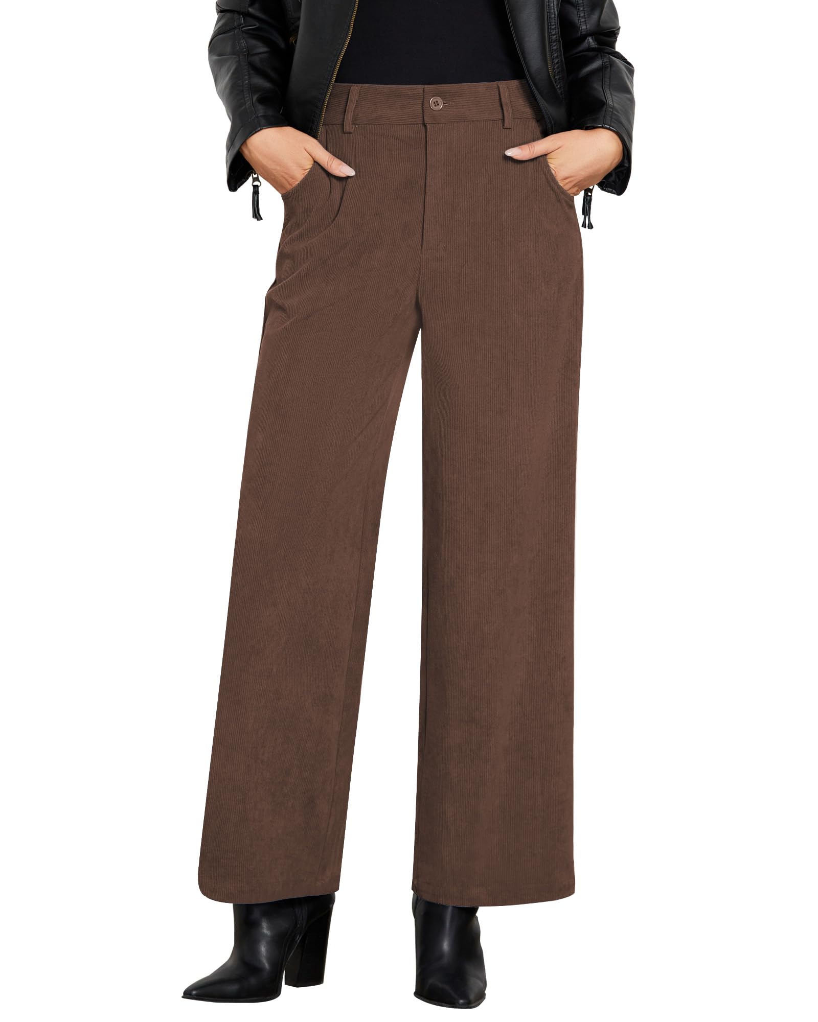 GRAPENT Corduroy Wide Leg Pants Woman High Waisted Fall Business Casual Elastic Waist Loose Trendy Trousers with Pockets