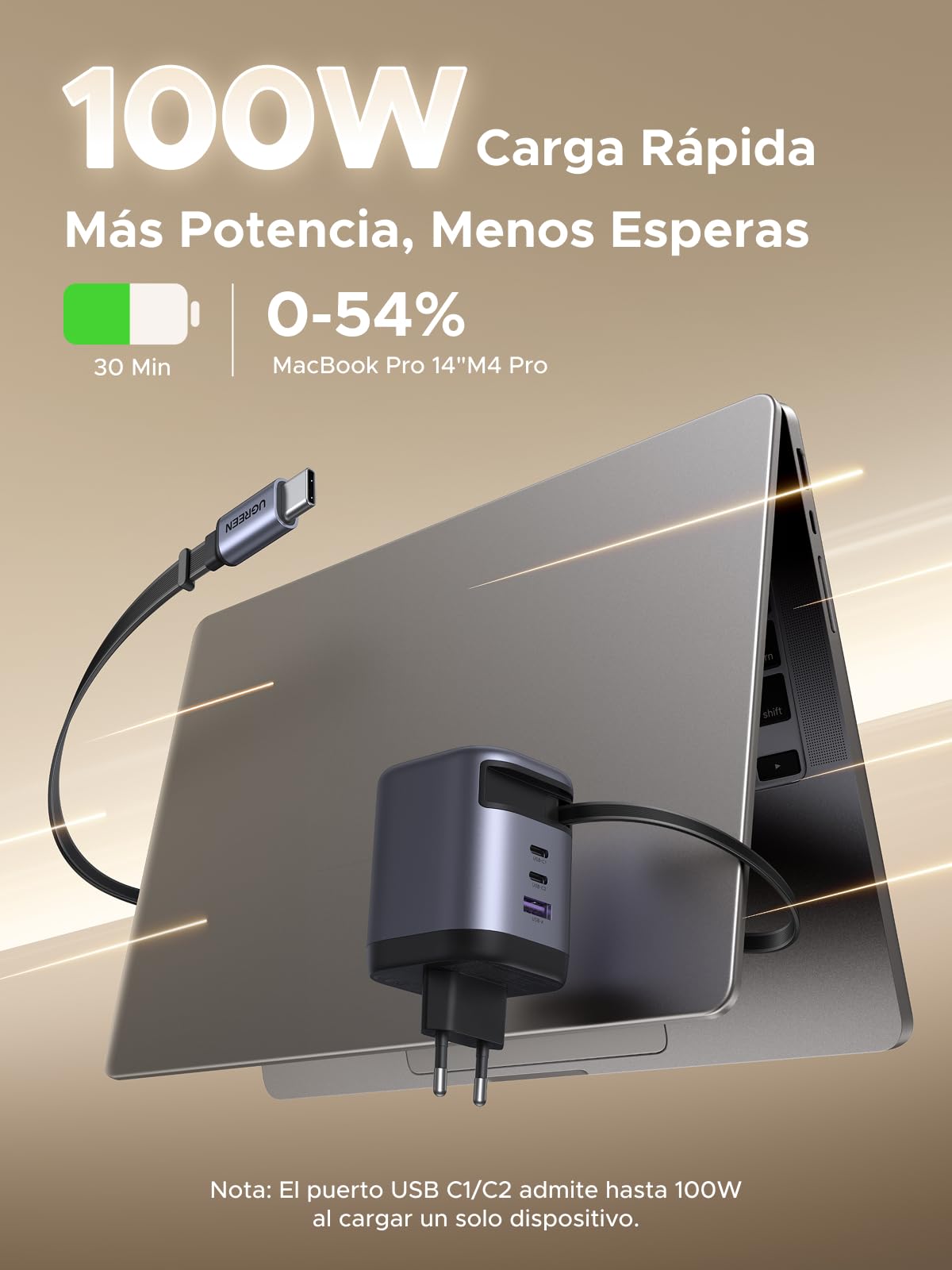 UGREEN Nexode 100W Cargador USB C con Cable Retráctil Carga Rápido | 3 Puertos PD 3.0 PPS 45W Compatible con MacBook Pro Air Galaxy S26 iPhone 17 Pro Max Air 16 15 14 iPad
