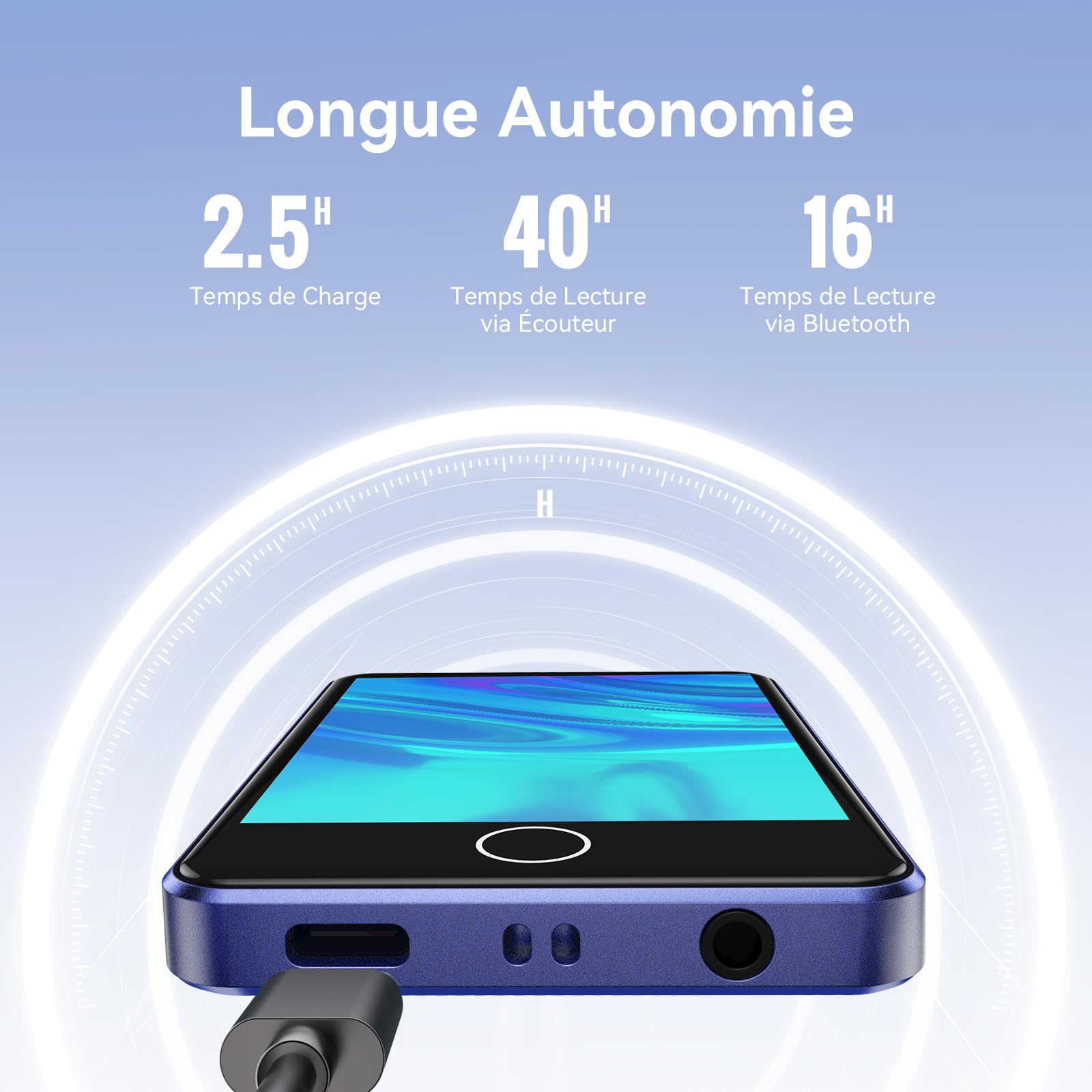 AGPTEK 64Go MP3 Bluetooth 5.3, Baladeur Numérique 2.8" Tactile Lecteur Musique HiFi avec Haut-Parleur/Radio FM/Enregistreur, Externe Jusqu'à 128Go, Incluse Protection en Silicone et Écouteurs, Bleu