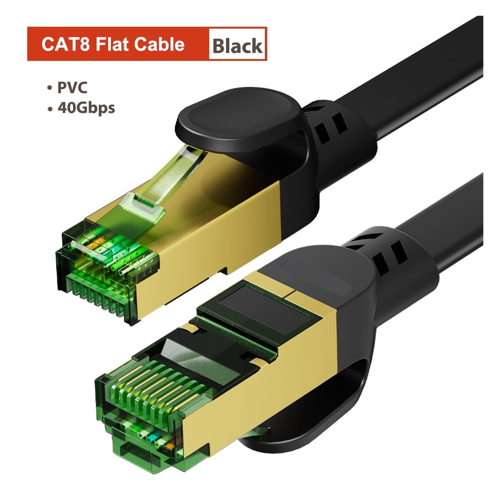 Ethernet-Kabel, Cat8-Ethernet-Kabel, 40 Gbit/s, 2000 MHz, flach, F/FTP, RJ45, Schwarz, 0,2–30 m