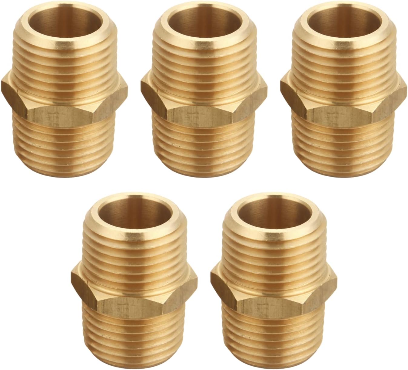 1/2 Inch x 1/2 Inch NPT Brass Hex Nipple Male Pipe Adapter, Thread 3/4" OD to 3/4" OD, (5 Piece)
