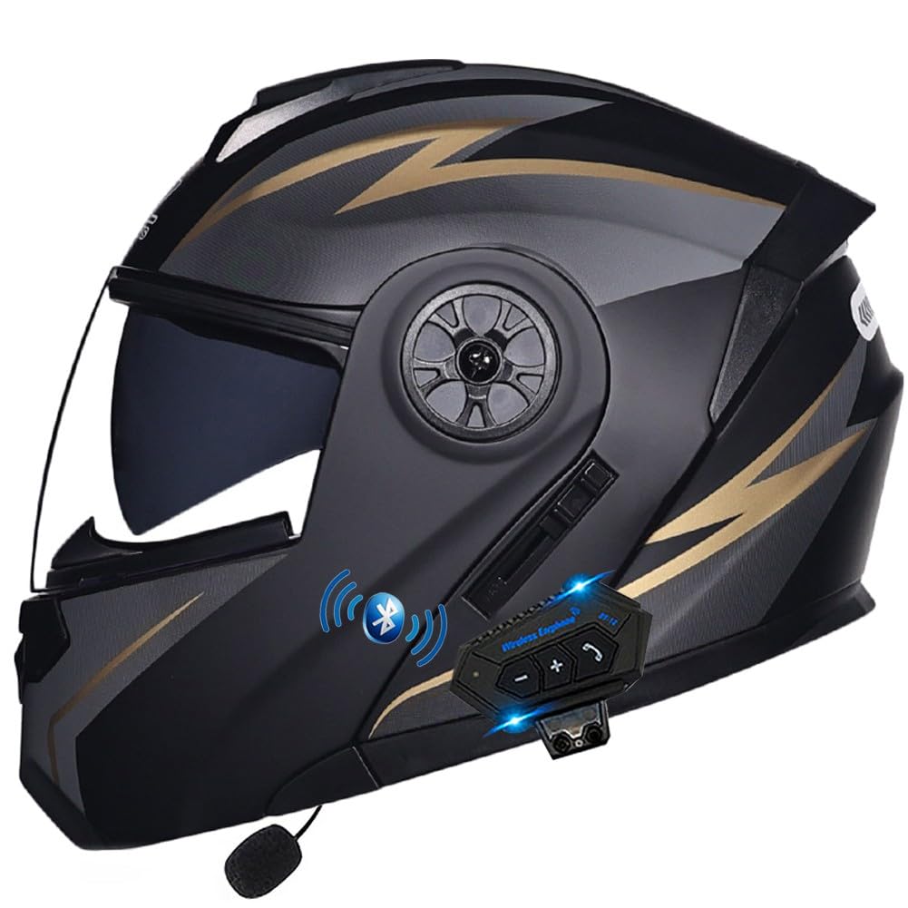 Klapphelm mit Bluetooth, Integriert Motorradhelm mit Doppelvisier, ECE Zertifiziert Integralhelm, mit Eingebautem Mikrofon für Automatische Reaktion, für Erwachsene Frauen Männer