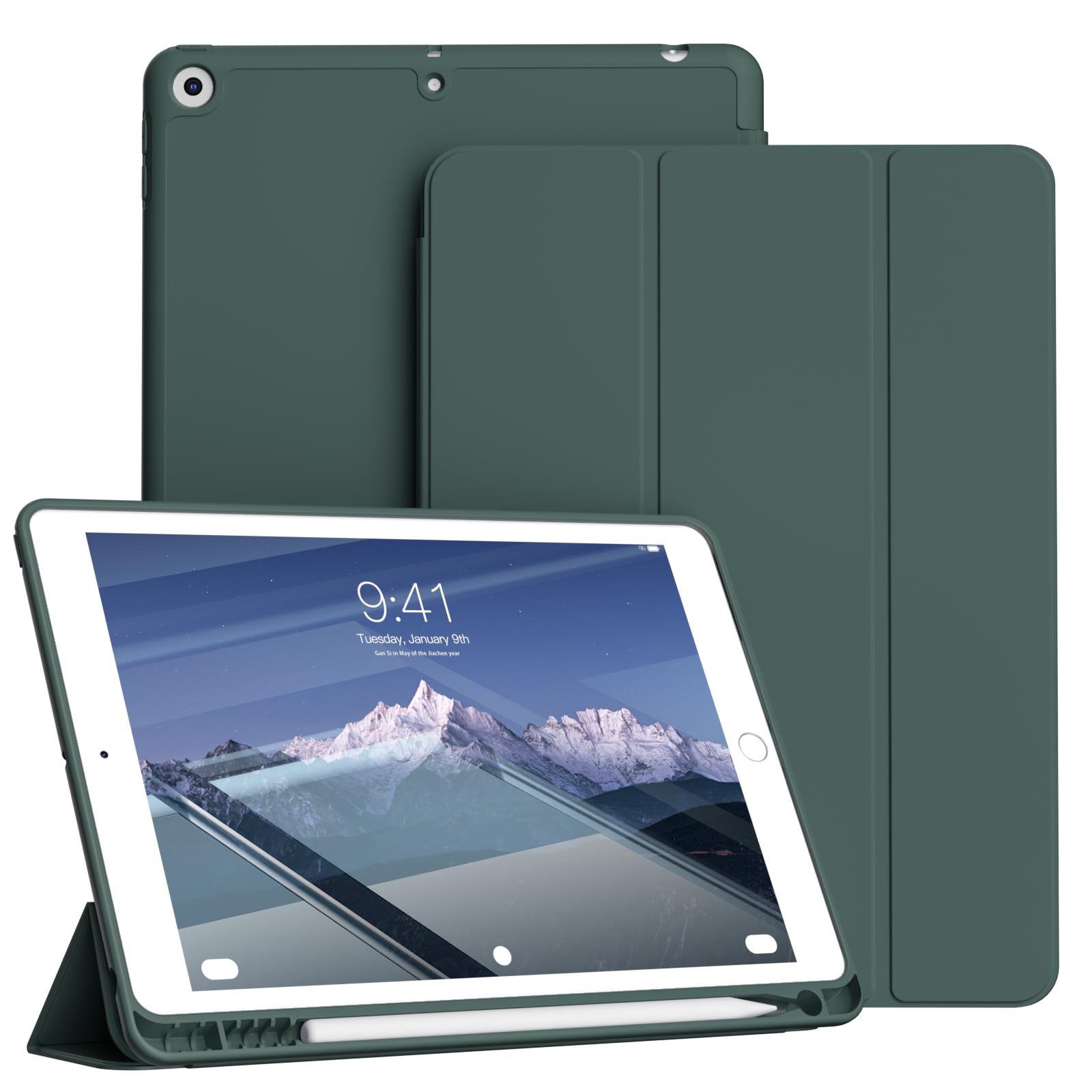 KVTVOU Hülle für iPad 9. / 8. / 7. Generation 10,2 Zoll 2021/2020/2019 mit Stifthalter, Weiche TPU Rückseite, Ultradünn Stoßfeste Hülle für Studium/Arbeit, Auto Wachen/Schlafen, Dunkelgrün