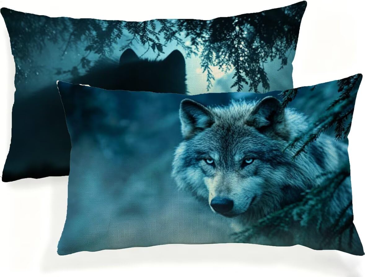 Housse de coussin loup 90x60 cm lot de 2 imperméable en lin rectangulaire pour canapé de jardin